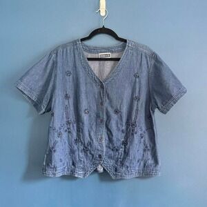 Vintage 90s Denim Shirt Women's‎ Size large Erika & Co. Beaded Cottagecore Retro